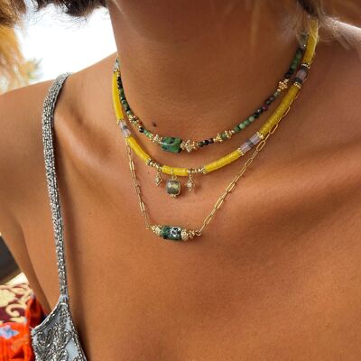 Collana in pietre semipreziose Zoisite e perle placcate in oro - Fatto a mano - Ravage