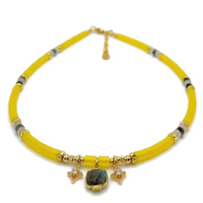 Afrikanische Vinyl-Heishi-Perlenkette, Labradorit und vergoldete Perlen – handgefertigt – Ravage
