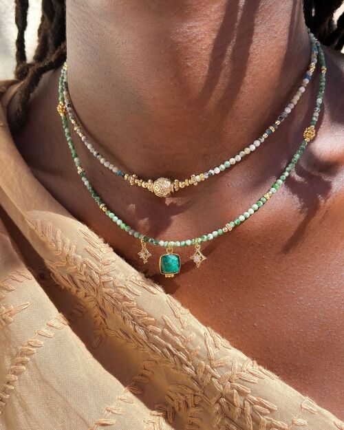 Collier en pierres semi précieuses d'Agate mousse perles/pendentif plaquées or - Fait main - Ravage