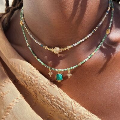 Moosachat-Halbedelstein-Halskette, vergoldete Perlen/Anhänger – handgefertigt – Ravage