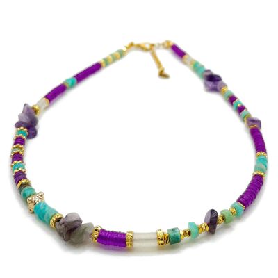 Halskette aus echten afrikanischen Vinyl-Heishi-Perlen, Amazonit- und Amethyststeinen, vergoldeten Hämatitsteinen und vergoldeten Perlen – handgefertigt – Ravage