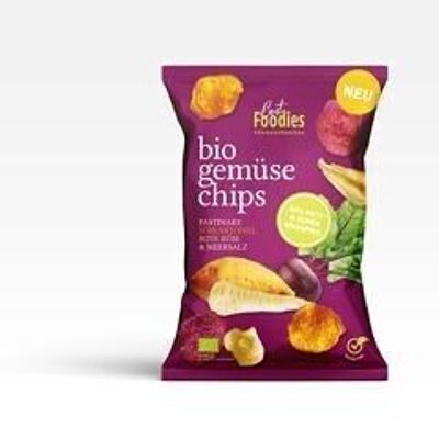 Mezcla de chips de vegetales orgánicos: chirivía, batata, remolacha y sal marina.