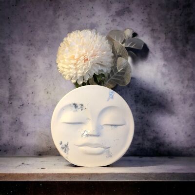 Handgefertigter Jesmonit-Topf/Vase mit stehendem Gesicht – Weiß/Silber
