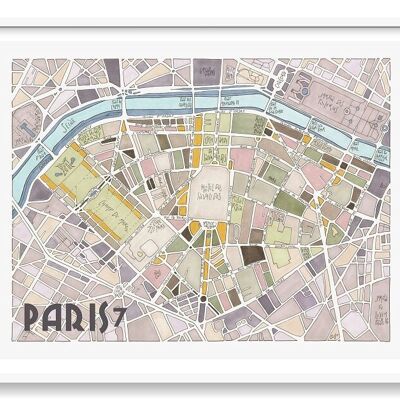 Illustrated poster of the Map of the 7th arrondissement of PARIS - Wall decoration