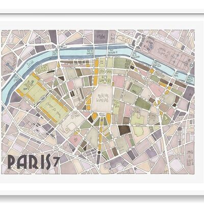 Affiche illustrée du Plan du 7ème arrondissement de PARIS - Décoration murale