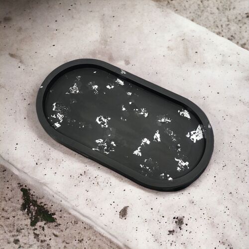 Handmade Jesmonite Oval Tray - Black with silver leaf detail