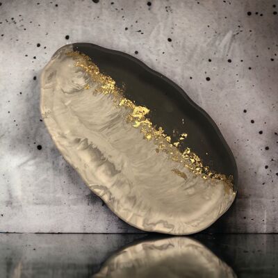 Handgefertigtes großes ovales Tablett aus Jesmonit – Grau, Marmor und Blattgold