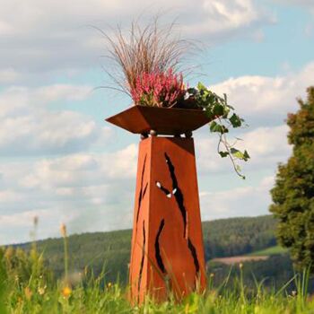 Colonne décorative en métal 85 cm avec fissures et vasques diverses | Décoration de jardin patinée 2