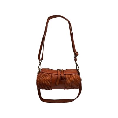 SMALL INGRID BRAIDED WASHED LEATHER BOWLING BAG CAMEL