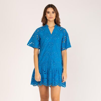 Short blue perforated cotton dress