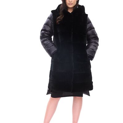 Hooded down coat with rex rabbit