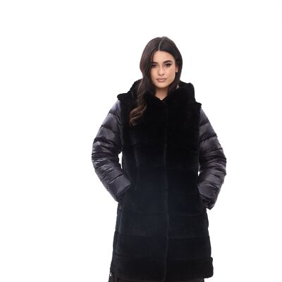 Hooded down coat with rex rabbit