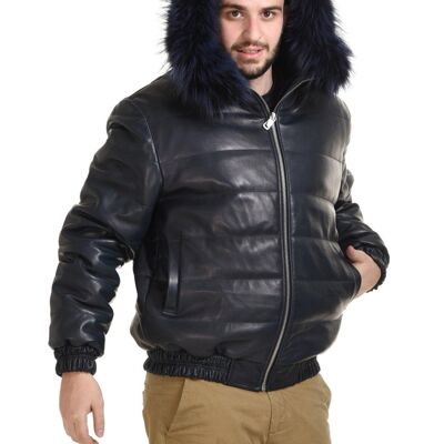 Men hooded reversible leather jacket with mink insides