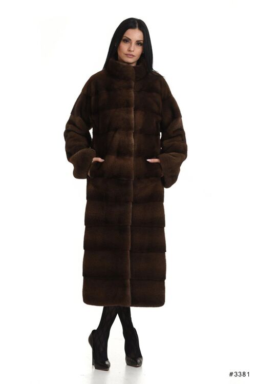 Elegant long mink coat with stand up collar