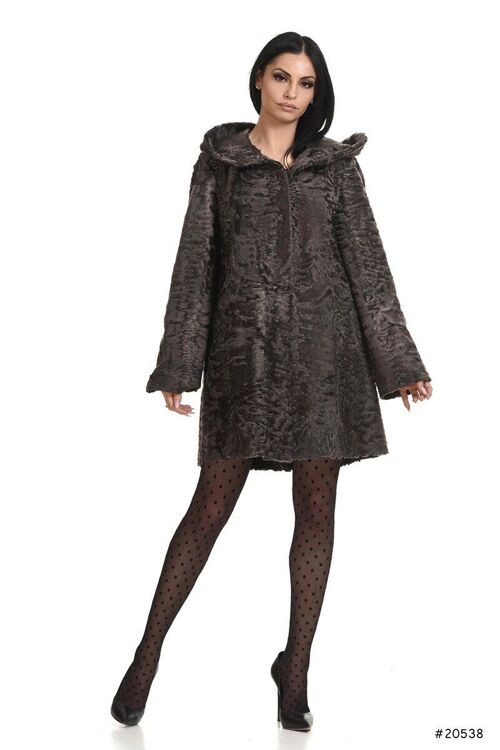 Hooded reversible persian lamb/leather coat