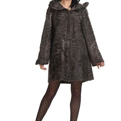 Hooded reversible persian lamb/leather coat