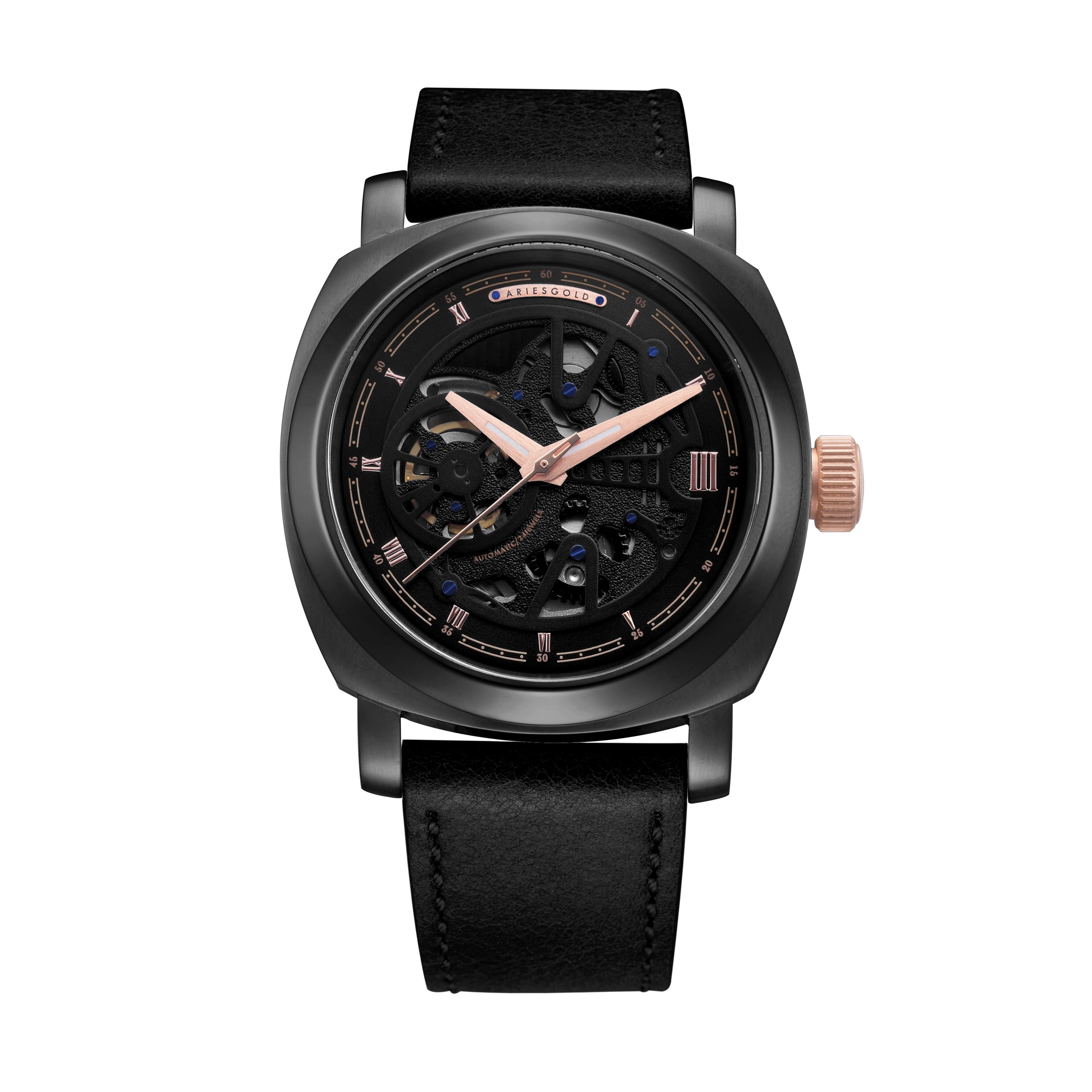 G 9025 BKRG-BKRG - Montre homme automatique cœur ouvert Aries Gold - Bracelet cuir véritable - Verre saphir