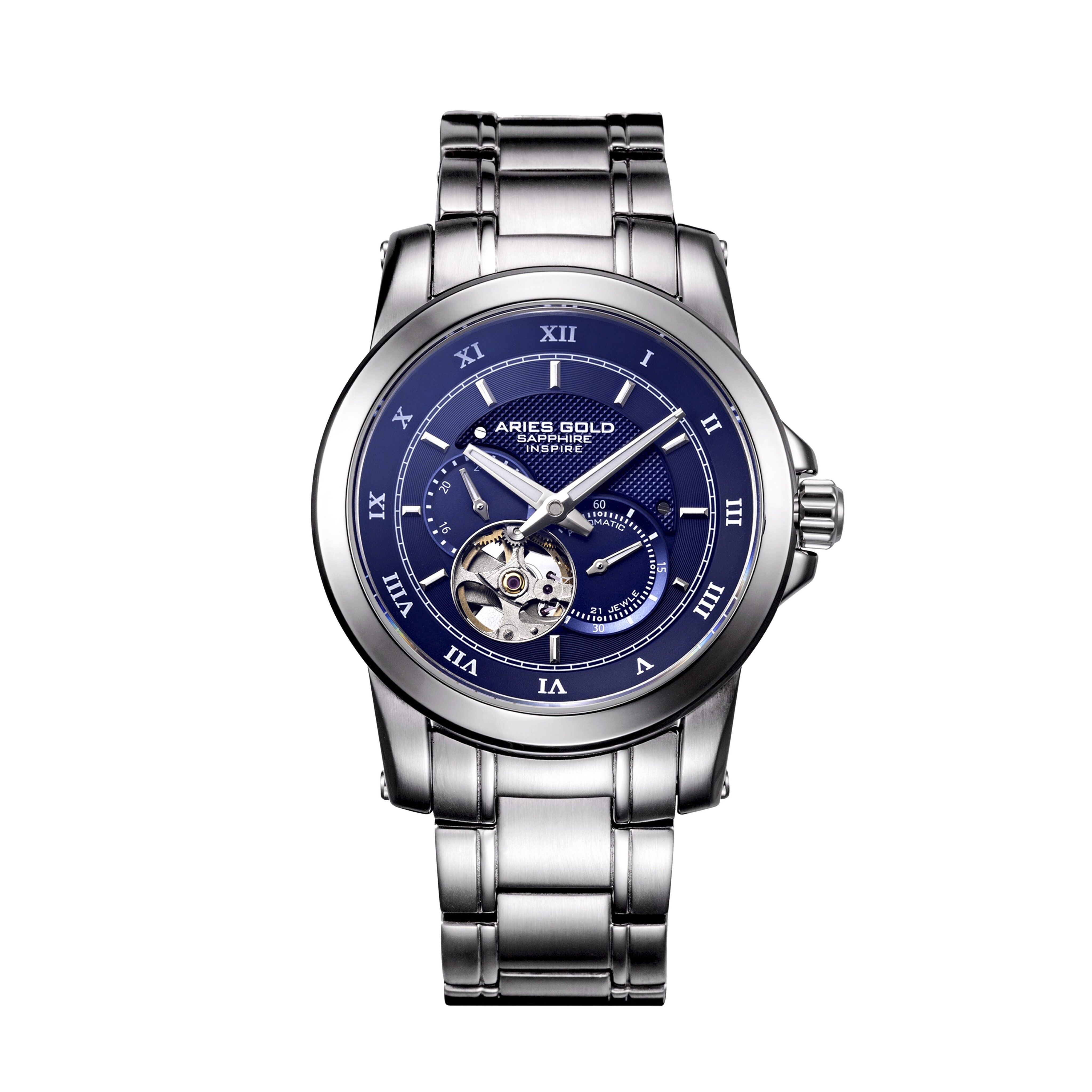 G 9001 S-BU - Montre homme automatique cœur ouvert Aries Gold - Bracelet acier inoxydable - Verre saphir