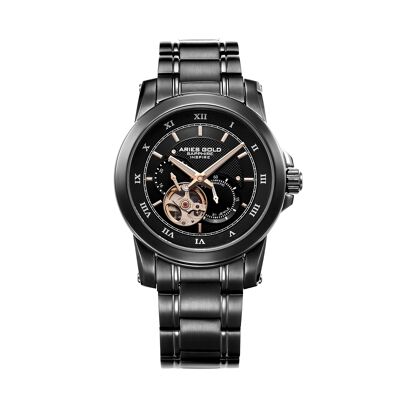 G 9001 BK-BK - Montre homme automatique cœur ouvert Aries Gold - Bracelet acier inoxydable - Verre saphir