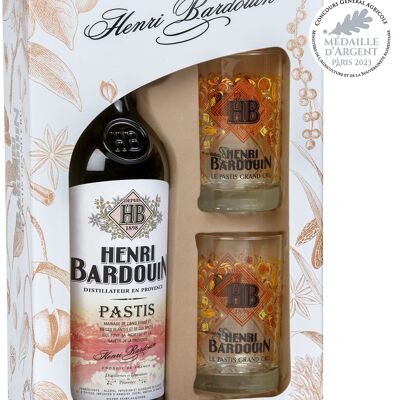 Pastis Henri Bardouin Sammelbox, 1 Flasche und zwei Gläser
