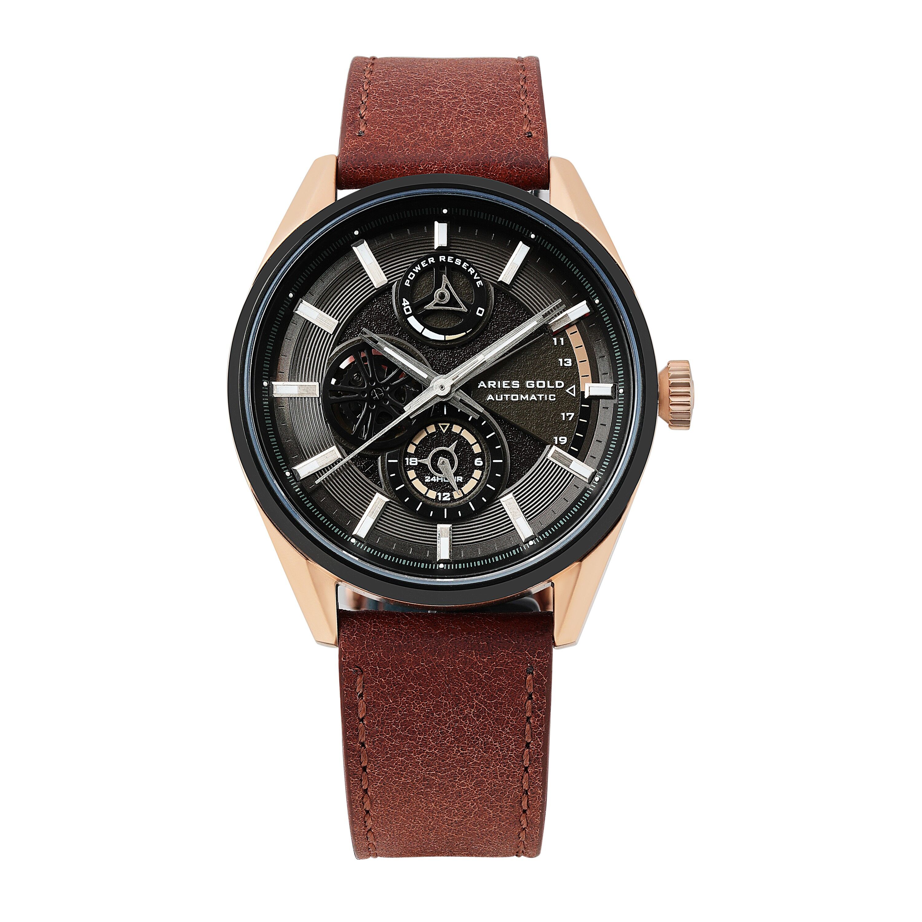 G 9021 RGBK-BR - Montre homme automatique avec réserve de marche, cœur ouvert Aries Gold - Bracelet cuir véritable - Verre saphir