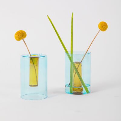 Kleine wendbare Glasvase – Blau/Gelb