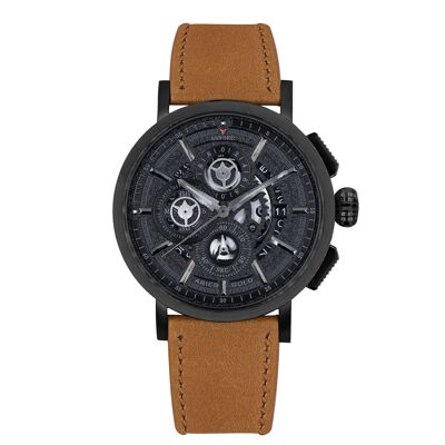 G 7018 BK-BK - Reloj cronógrafo para hombre - Correa de piel auténtica - Cristal de zafiro