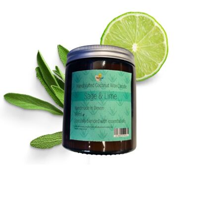 Coconut Wax Candle - Amber glass Jar - 180ml Sage  & Lime