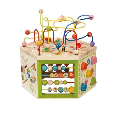 Large 7-in-1 wooden garden play center with 7 motor skills games