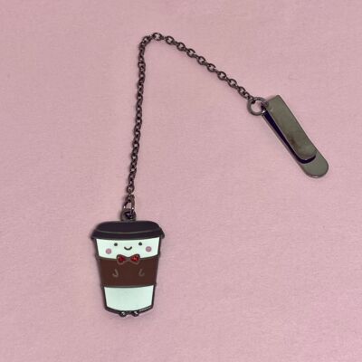 Marcapáginas taza de café kawaii con lazo esmaltado con cadena