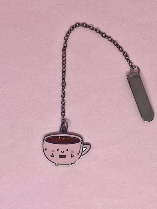 Kawaii coffee cup enamel bookmark with chain
