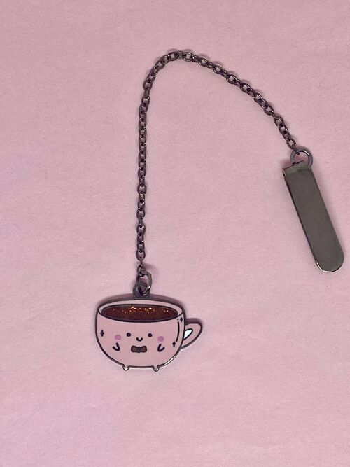 Kawaii coffee mug with bow enamel bookmark with chain