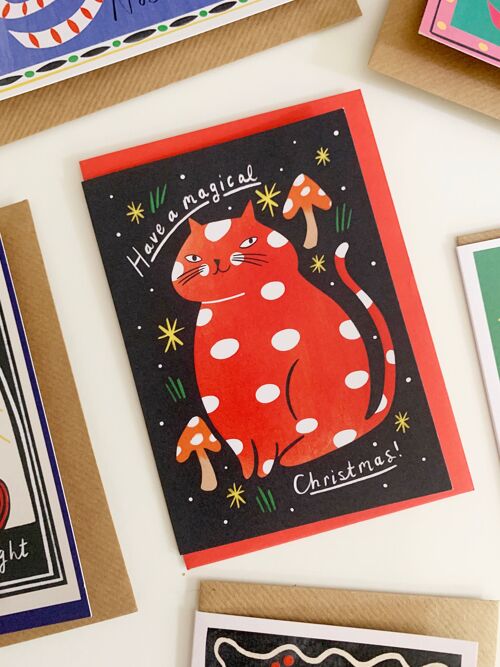 Magic Mushroom Cat Christmas Greeting Card