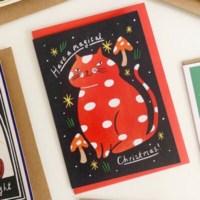 Carte de voeux de Noël de chat de champignon magique