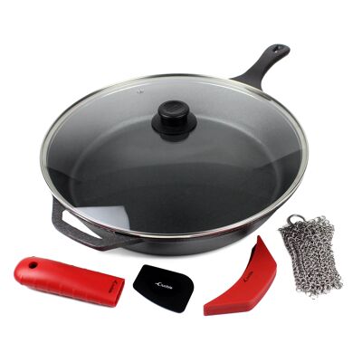 15-Inch (38 cm) Cast Iron Skillet Set, Silicone Handle Holders, Glass Lid, Cast Iron Cleaner, Scraper