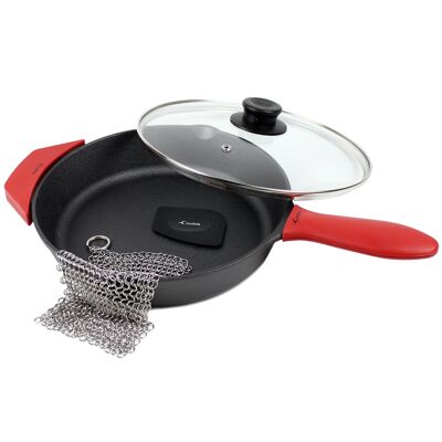 10.25-Inch/26 cm Cast Iron Skillet Set, Silicone Handle Holders, Glass Lid, Cast Iron Cleaner, Scraper