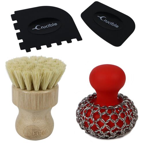 Cast Iron Care Set of 4, Cast Iron Cleaner Chain Mail Scrubber + Cleaning Brush + Pan & Grill Scrapers