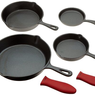 Cast Iron Skillets, Frying Pan Set Of 4 in different sizes, 2 Silicone Potholders