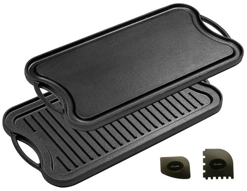 Cast Iron Griddle (20" by 10"/51 cm x 26 cm), Reversible, Grill and Griddle Combo, fits over two stovetop burners