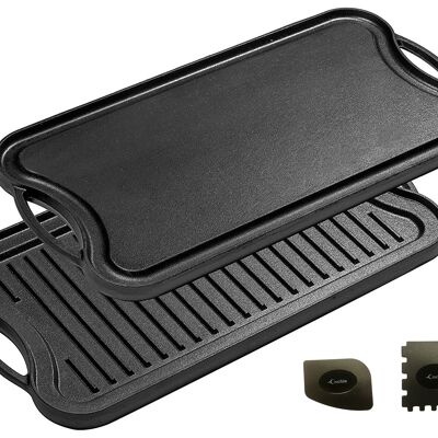 Cast Iron Griddle (20" by 10"/51 cm x 26 cm), Reversible, Grill and Griddle Combo, fits over two stovetop burners