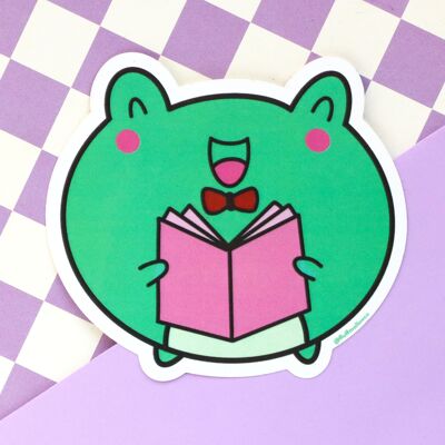 Autocollant en vinyle de livre de lecture de grenouille Kawaii