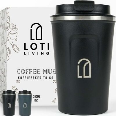 Loti Living Kaffeetasse To Go – Thermosbecher – Kaffeetasse für unterwegs – Teetasse – Reisebecher – 380 ml – Schwarz
