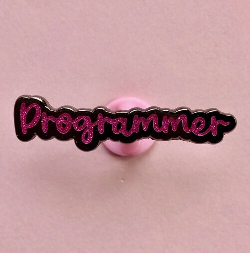 Pink glitter programmer enamel pin