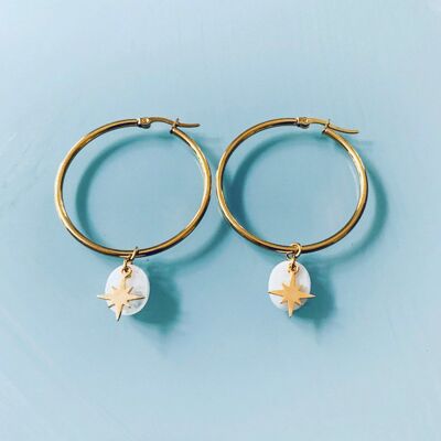North star hoop earrings, golden North star and moonstone hoop earrings, women's jewelry, golden hoop earrings