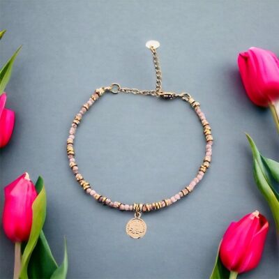 Bracelet en perles de Rhodochrosites roses, bracelet femme gourmette pierres naturelles magiques et perles Heishi plaqué or 24 k