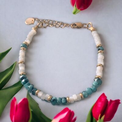 Green Jade and mother-of-pearl pearl bracelet, women's gourmet bracelet, magical natural stones and 24 k gold-plated Heishi pearls