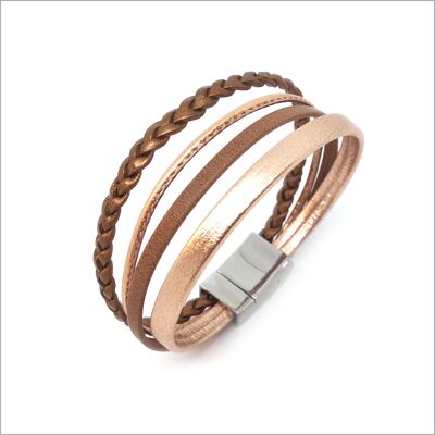 Women's bracelet with links in braided copper and rose gold leather