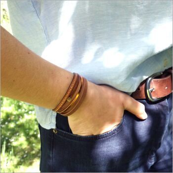 Bracelet femme cuir piqué camel et orange 5