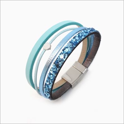 Bracelet créateur femme en cuirs strass bleus turquoise