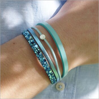 Bracelet créateur femme en cuirs strass bleus turquoise 2